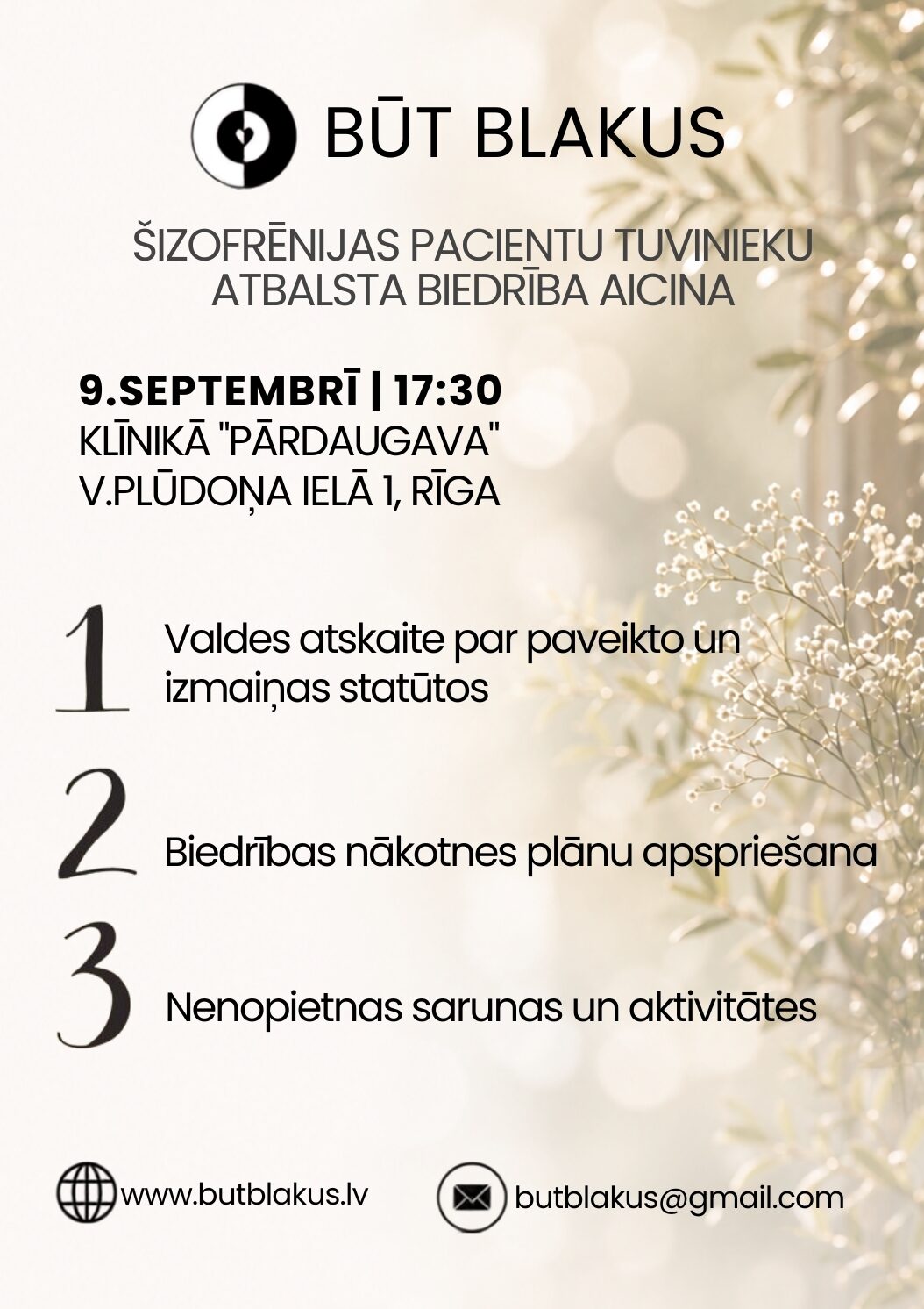 Nākošā biedrības tikšanās 9. septembrī, TREŠDIEN!!!